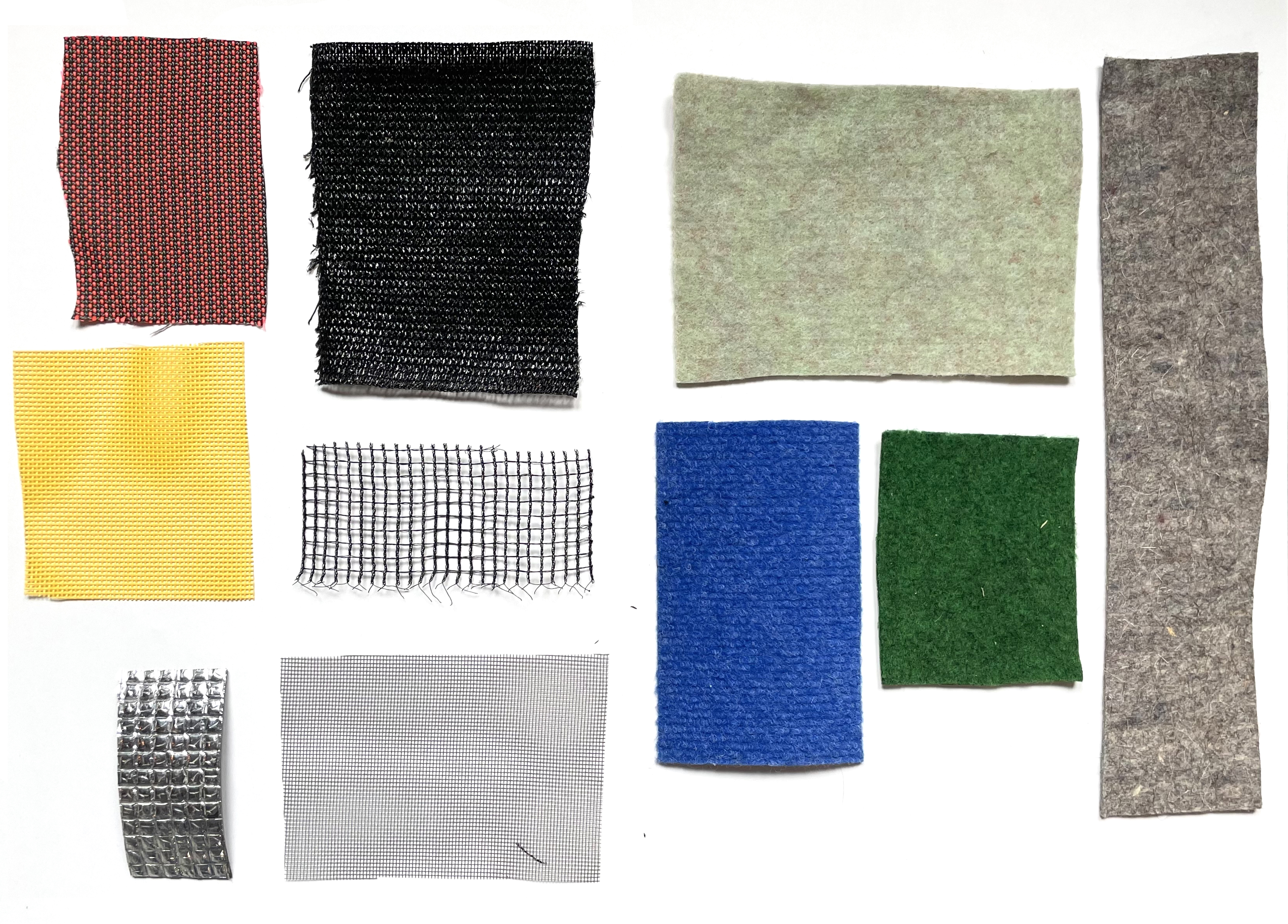 Material library of collected fabrics (polyester canvas, mulching fabric, wool & polyester blend felt, PVC tarp, sports netting, event carpeting, mosquito netting, deckchair mesh, aluminized film thermal insulation)