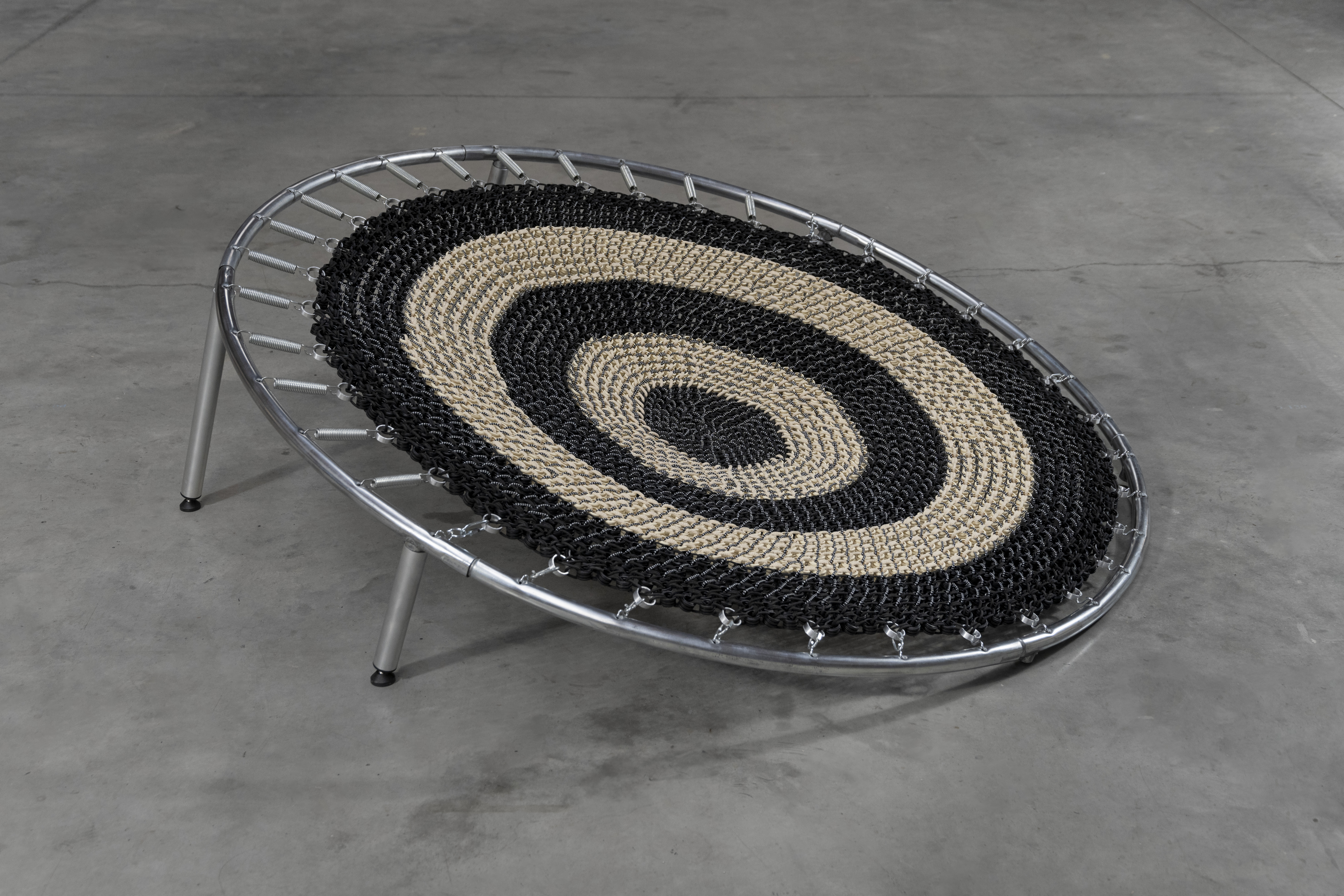 Prototype presented at Milan Design Week 2024 with Belgium is Design
180 x 180 cm
Weaving of reclaimed ropes, polypropylene ICTA conduit